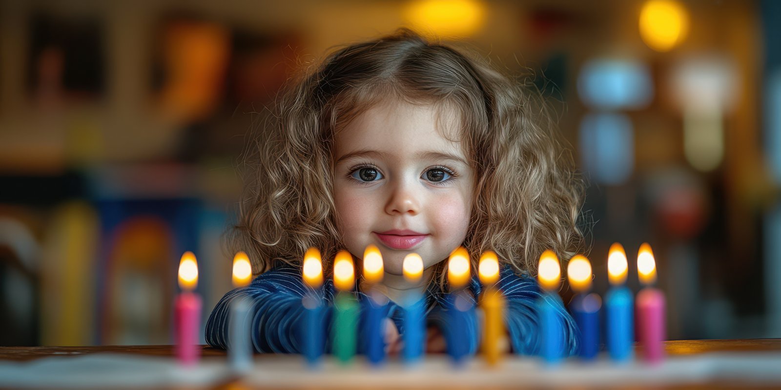 Child celebrating birthday with colorful candles in a cozy indoor setting